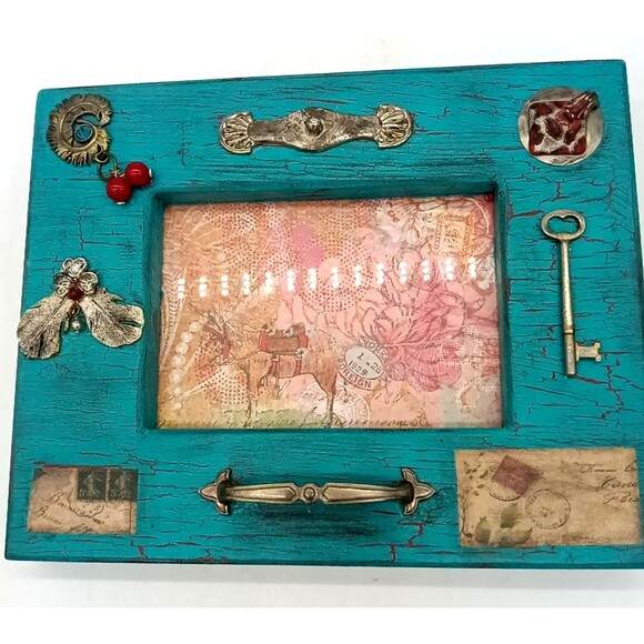 Unique Wooden Junk Art Frame Turquoise Crackle Paint Travel Theme Print Picture - Picture 4 of 8